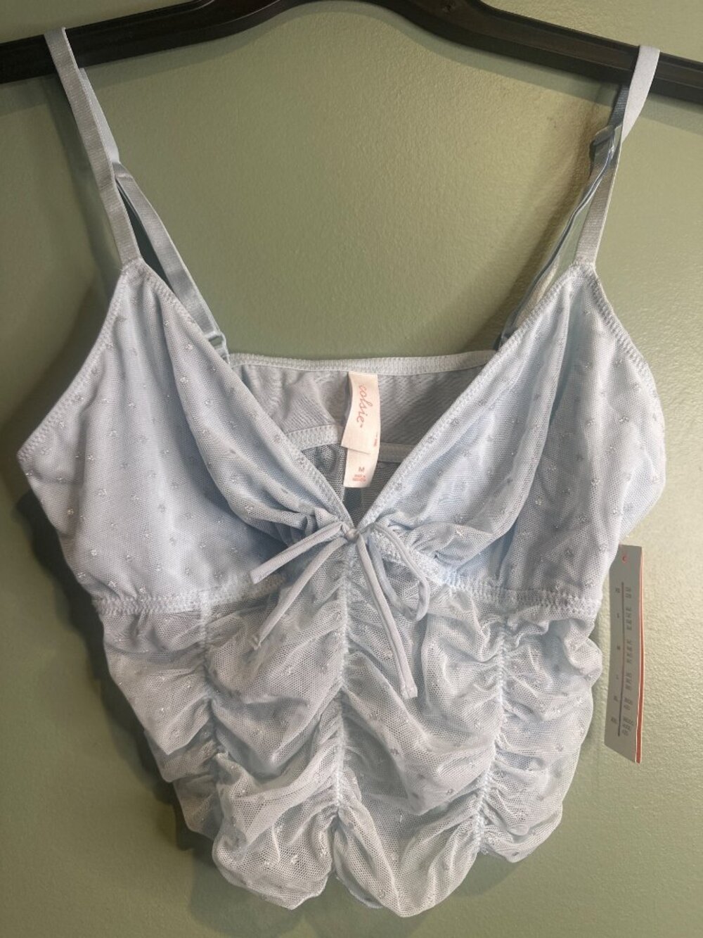 Colsie Blue Swiss Dot Mesh Ruched Crop Cami Top NWT Medium Coquette Cottage